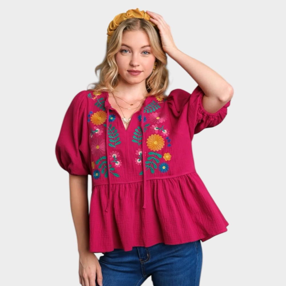 Umgee Cotton Gauze Floral Embroidery Babydoll Blouse in Deep Rose Size Small - Picture 2 of 12